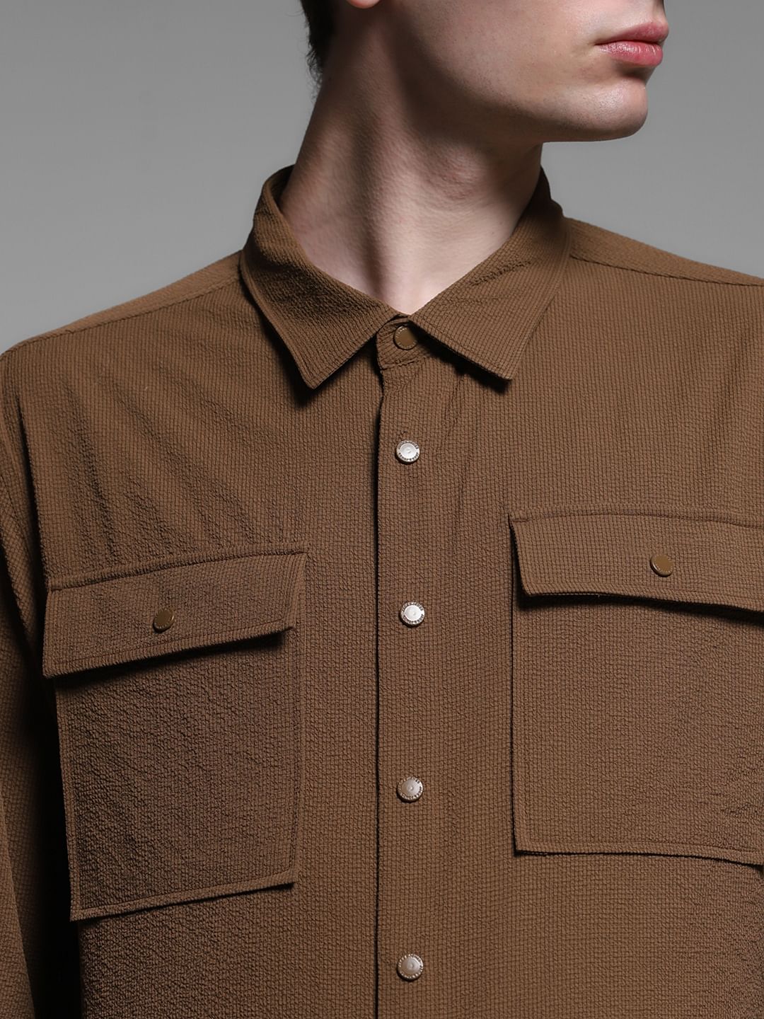 Dark Brown Textured Oversized Shirt