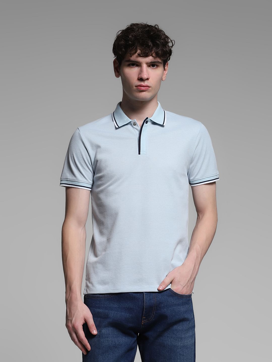 Light Blue Knitted Cotton Polo