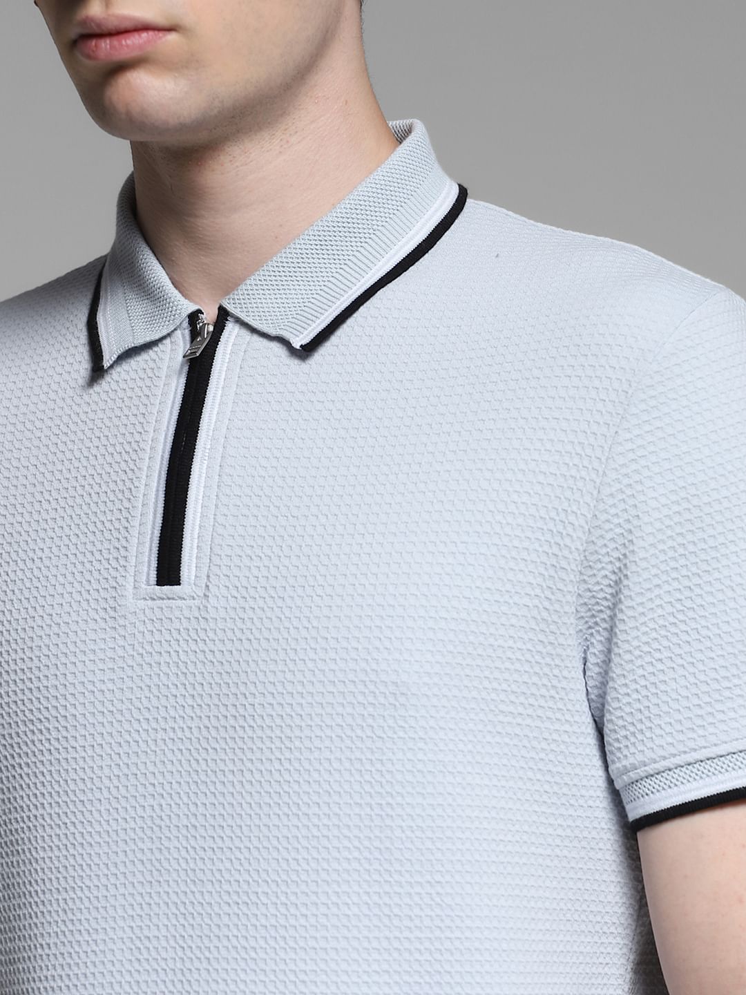 Light Blue Knitted Zip Up Polo