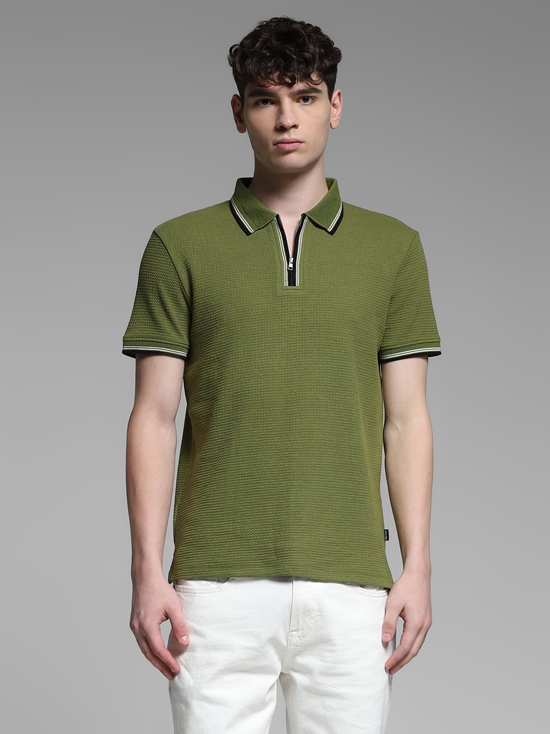 Dark Green Knitted Zip Up Polo