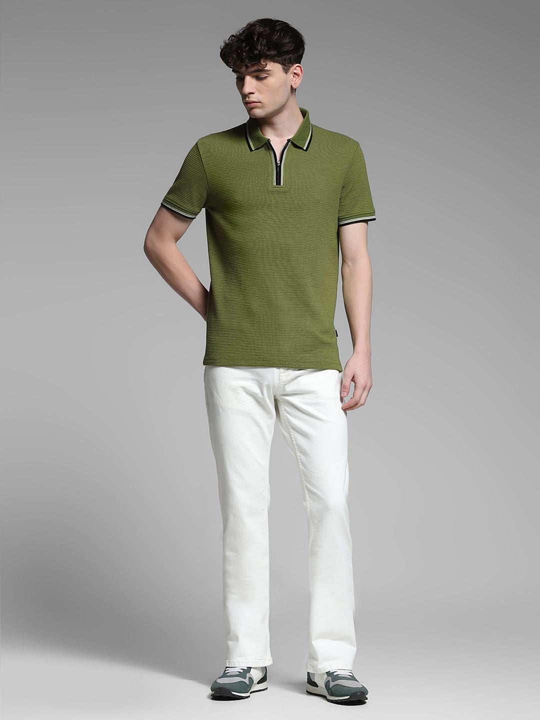 Dark Green Knitted Zip Up Polo