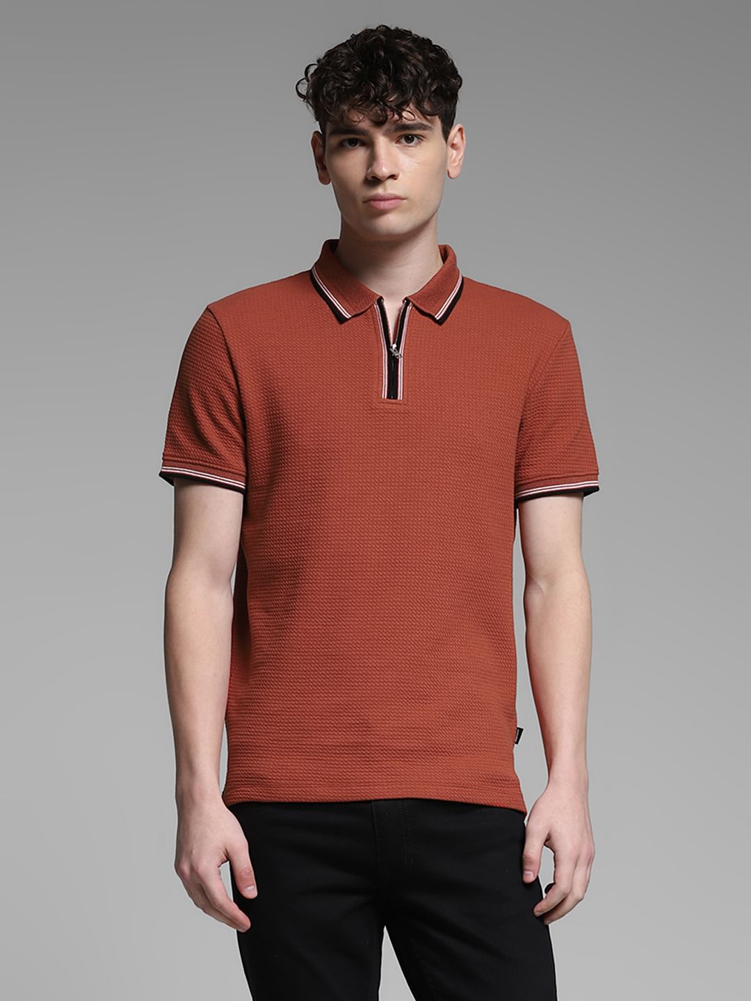 Dark Red Knitted Zip Up Polo
