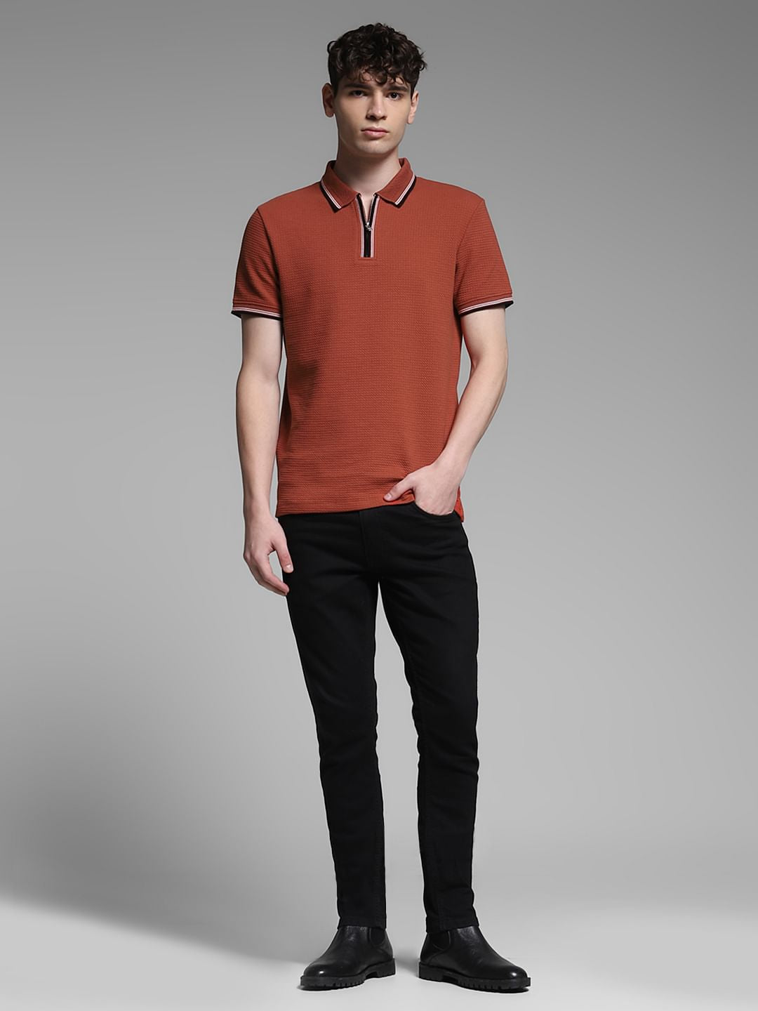 Dark Red Knitted Zip Up Polo