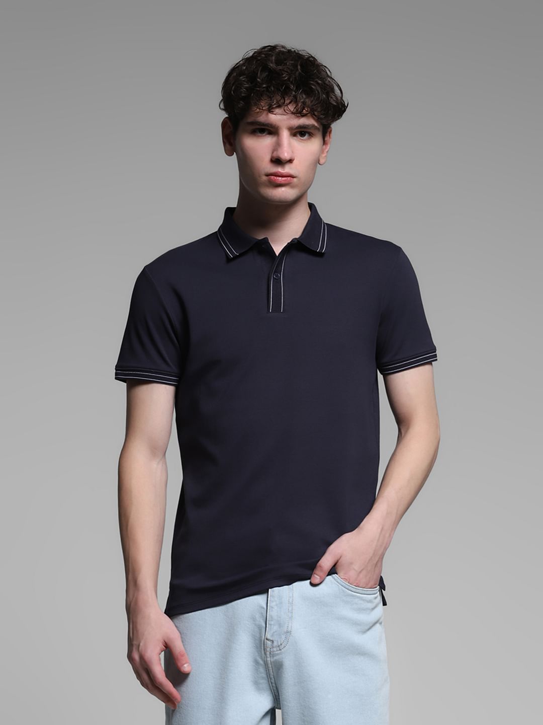 Navy Blue Knitted Cotton Polo