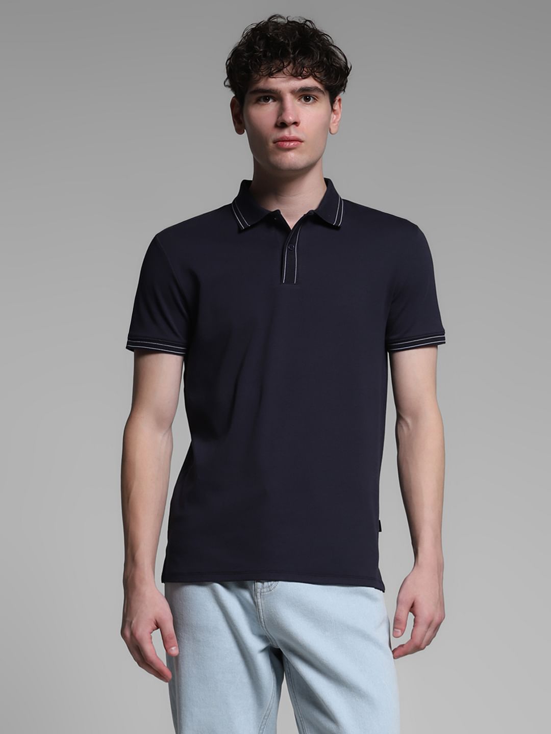 Navy Blue Knitted Cotton Polo
