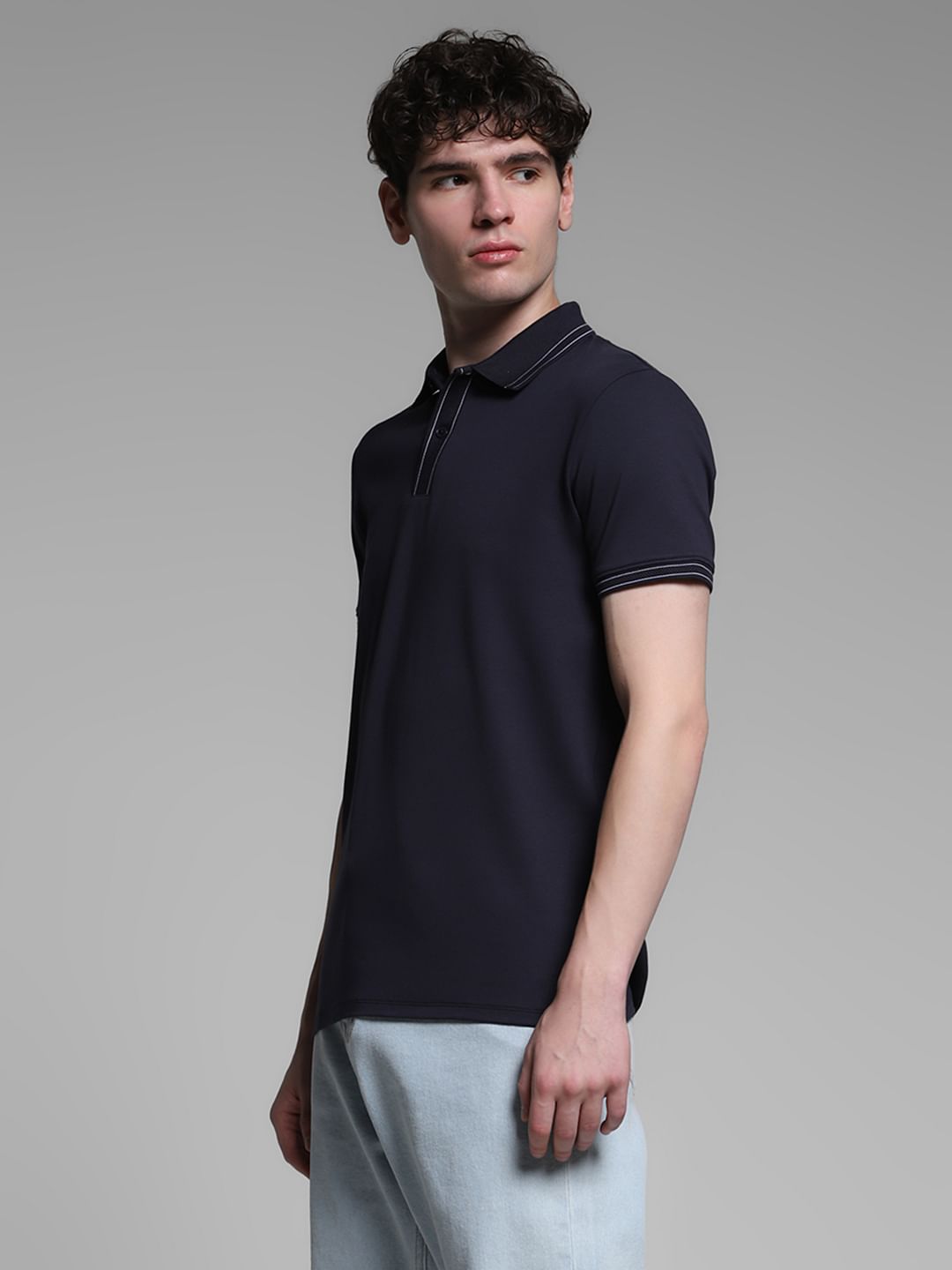 Navy Blue Knitted Cotton Polo