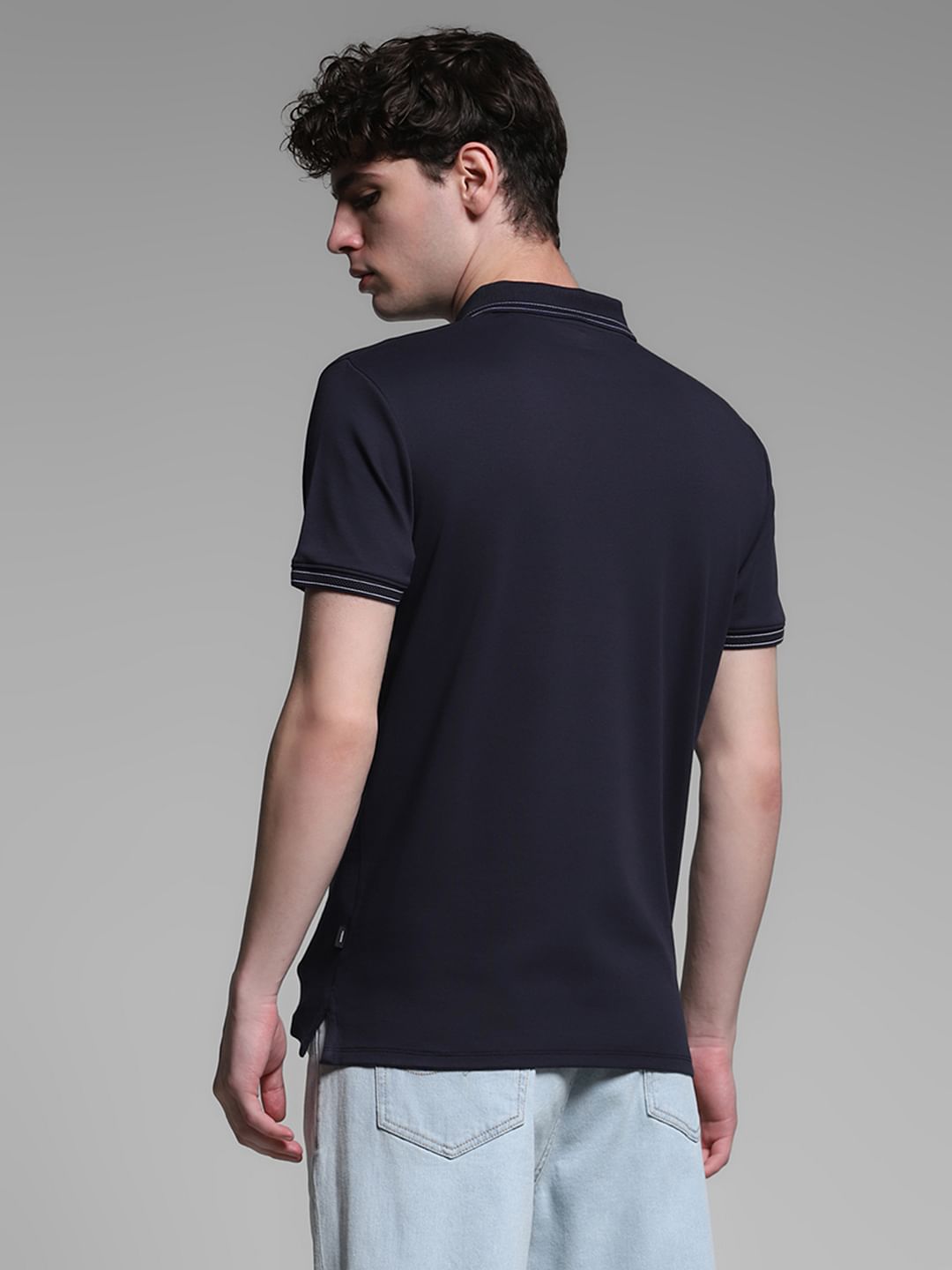 Navy Blue Knitted Cotton Polo