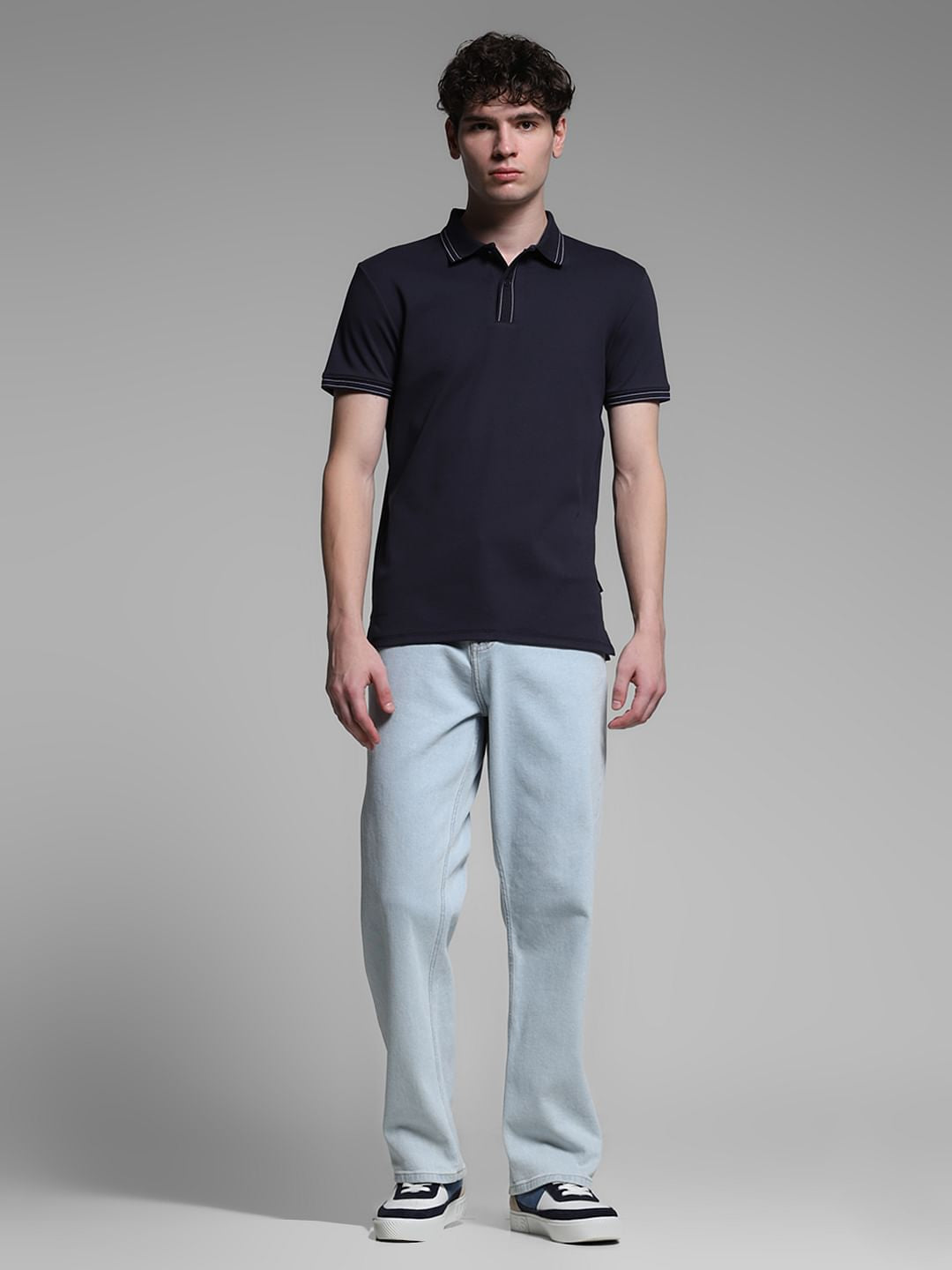 Navy Blue Knitted Cotton Polo