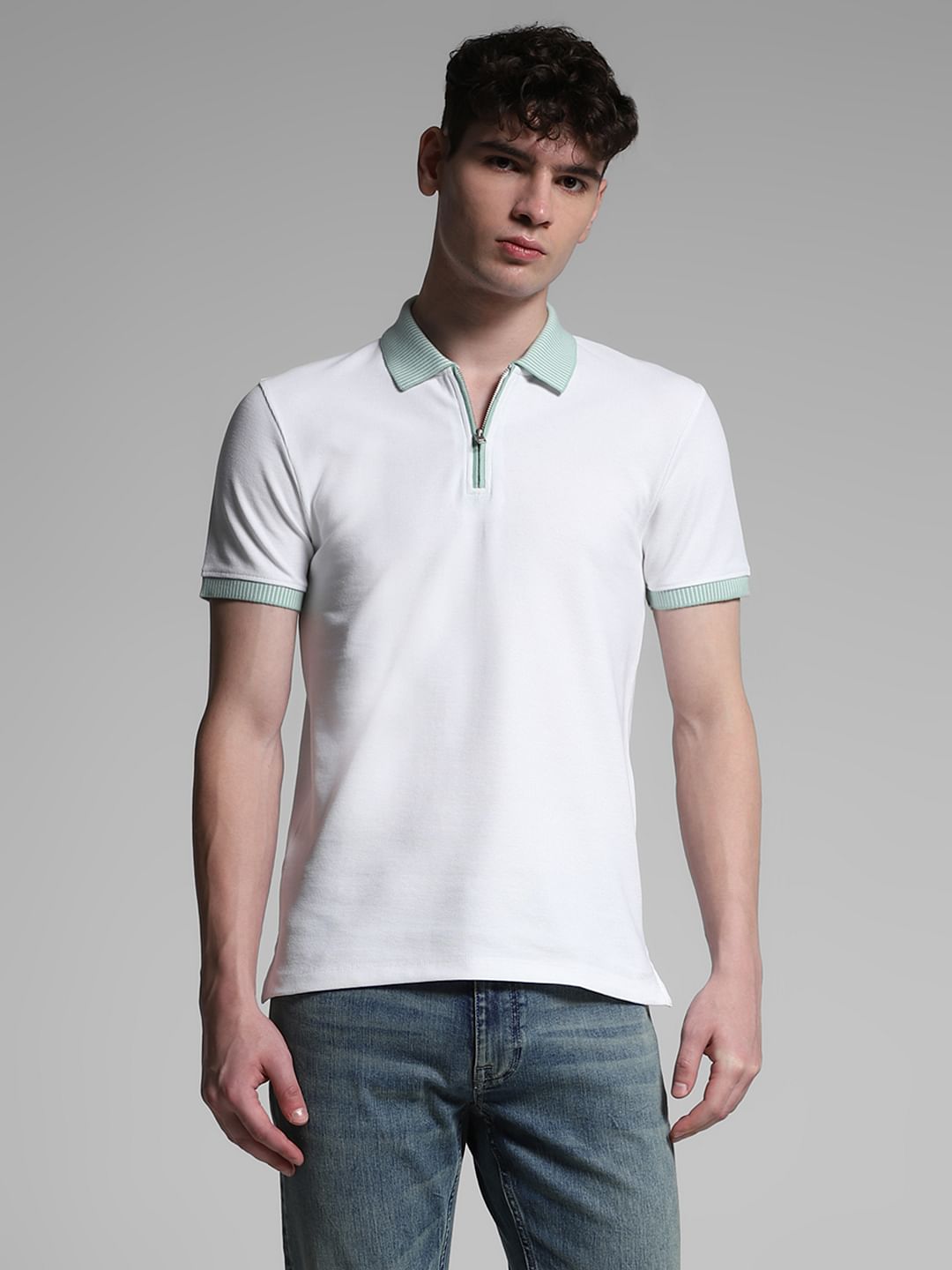 White Contrast Placket Knitted Polo