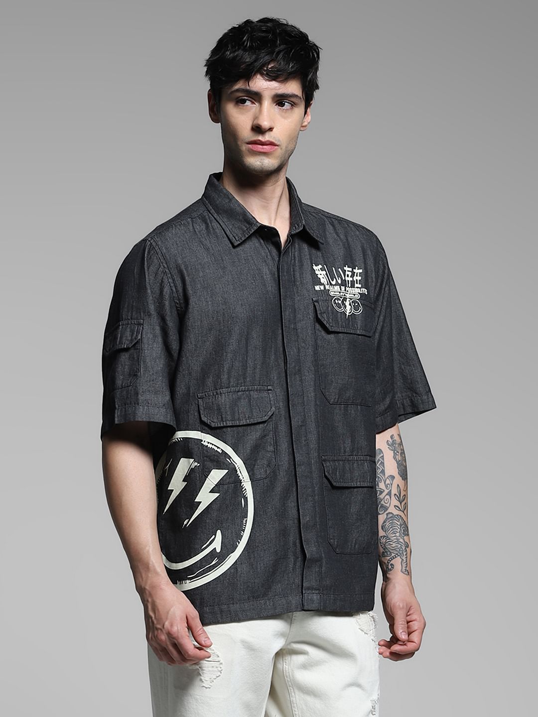 SmileyWorld Grey Printed Oversized Shirt