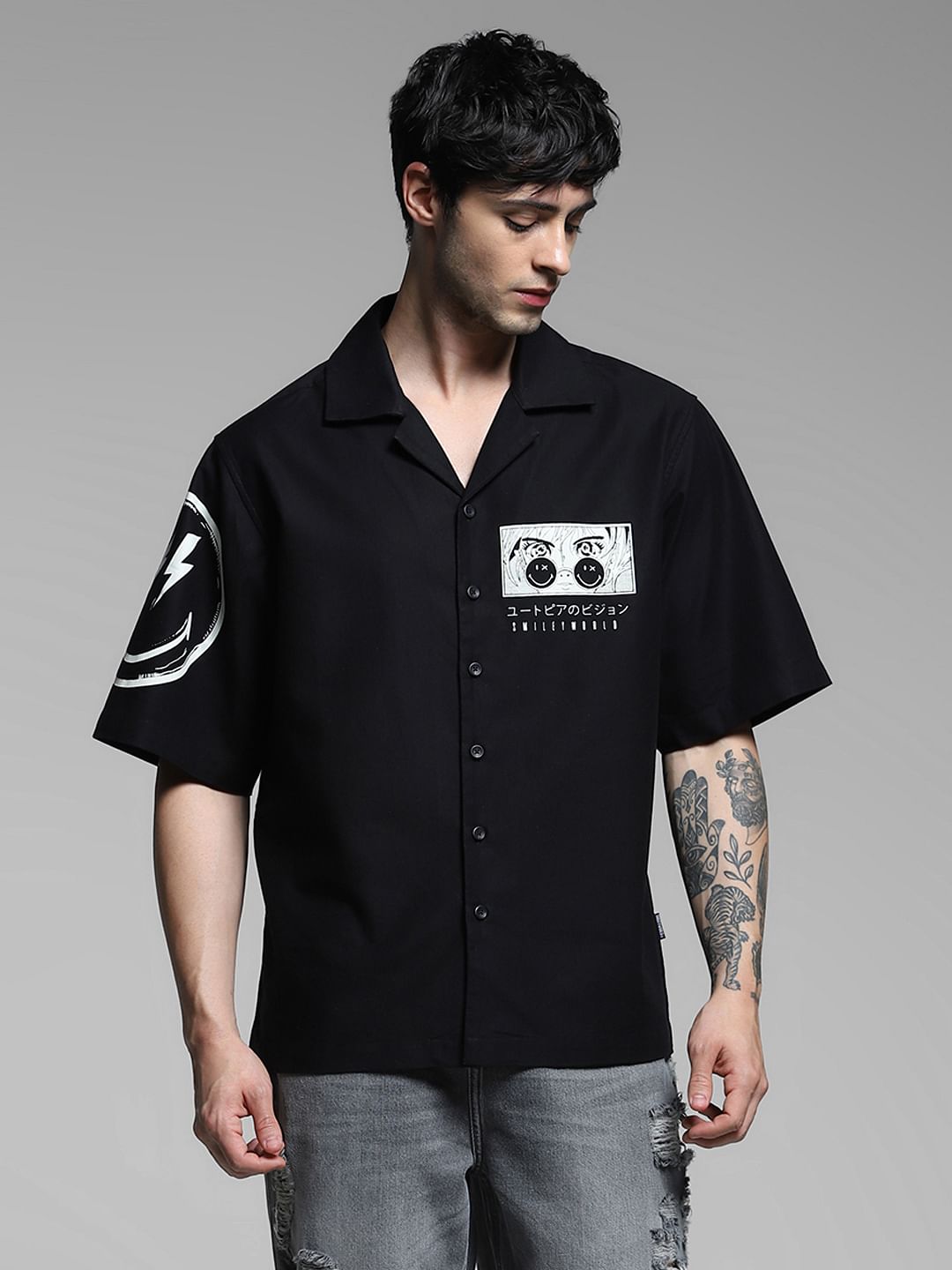 SmileyWorld Black Printed Oversized Shirt