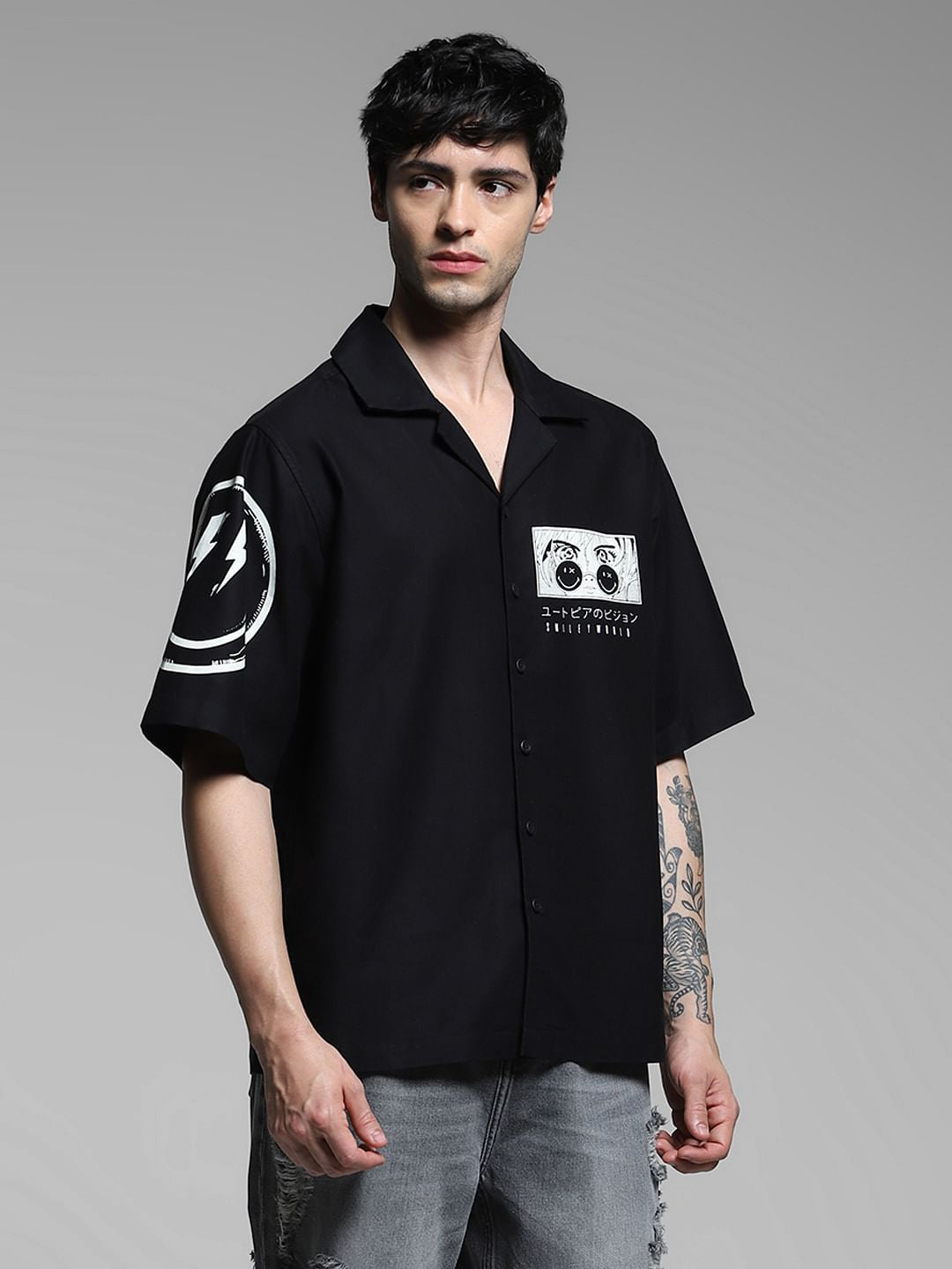 SmileyWorld Black Printed Oversized Shirt