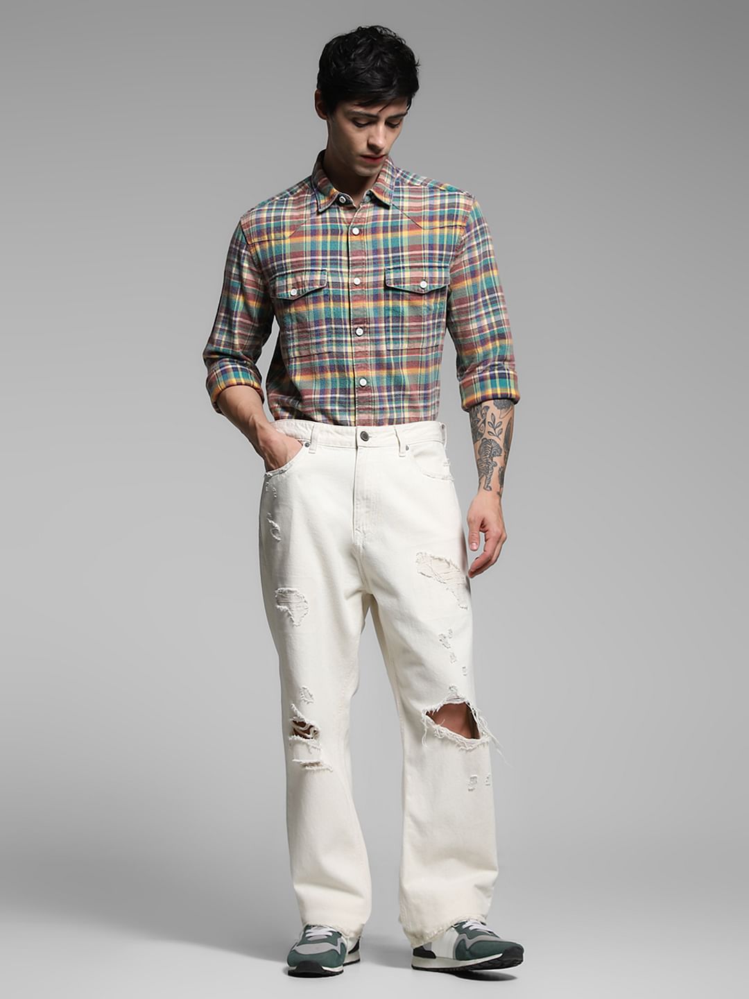 Yellow Check Print Cotton Shirt