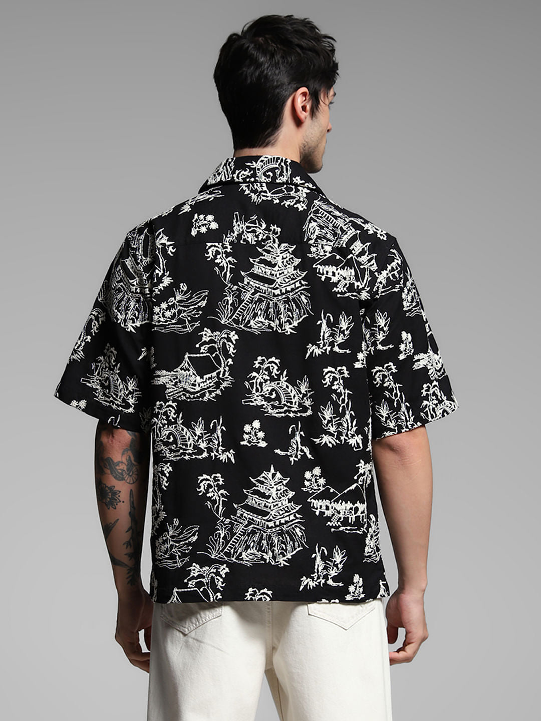 Black Embroidered Print Cotton Shirt