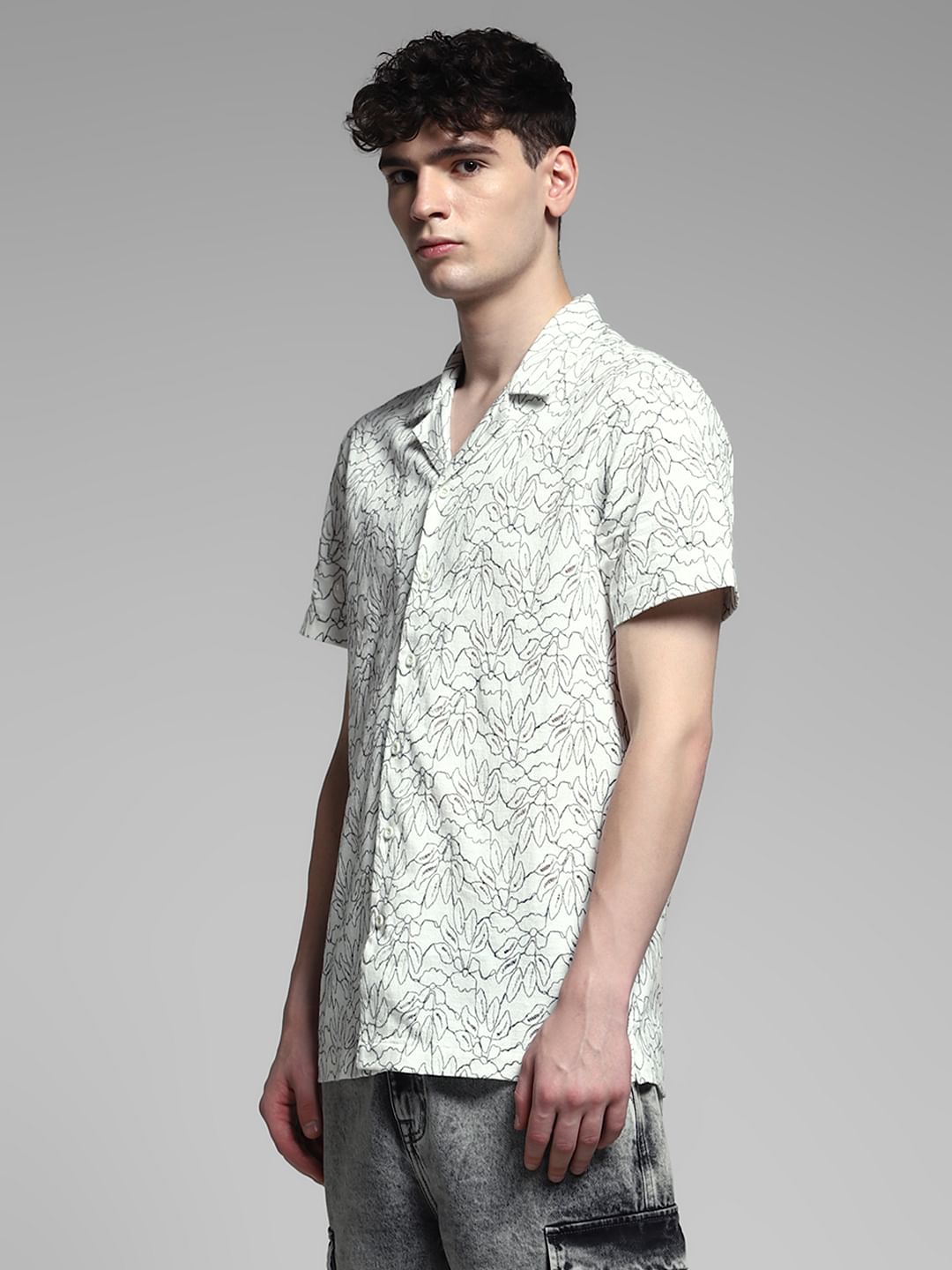 White Printed Dobby Cotton Shirt