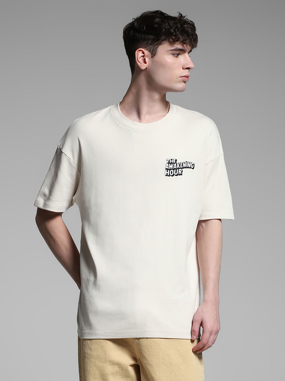 Beige Mickey Print Oversized T-shirt