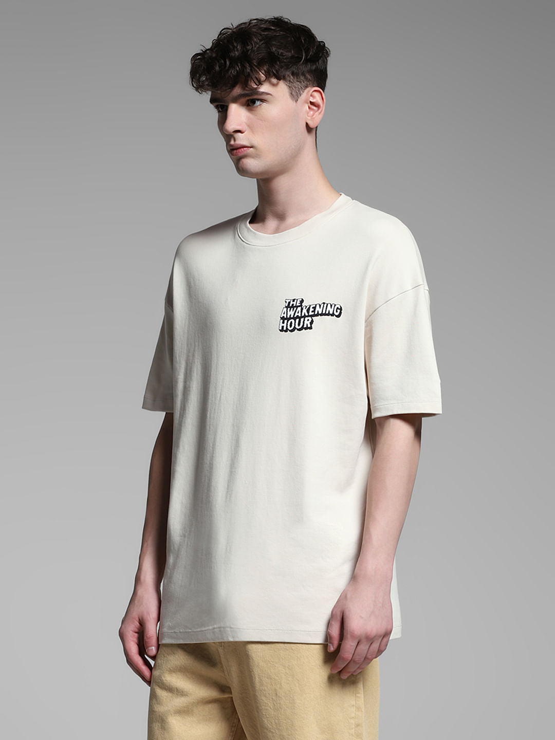 Beige Mickey Print Oversized T-shirt