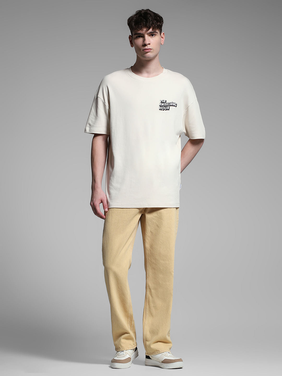 Beige Mickey Print Oversized T-shirt