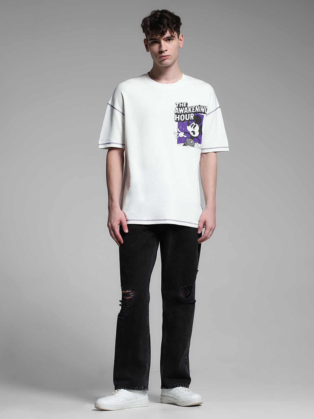 White Mickey Print Oversized T-shirt