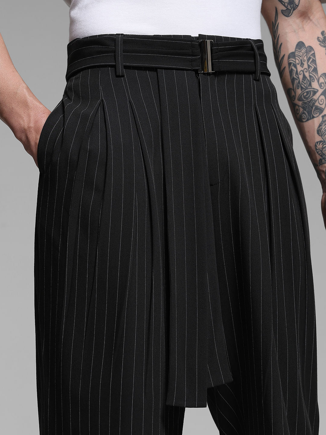 Black Waist Tie Up Striped Pants