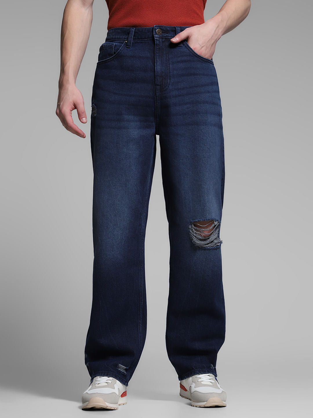 Dark Blue Distressed Dario Loose Fit Jeans
