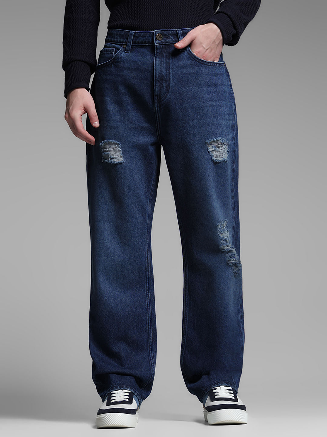 Dark Blue Distressed Dario Loose Fit Jeans