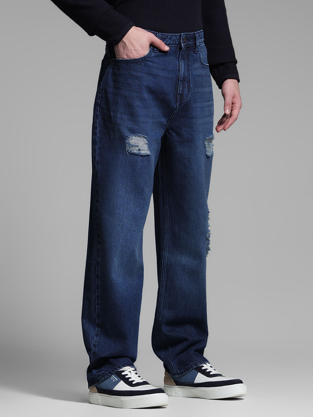 Dark Blue Distressed Dario Loose Fit Jeans