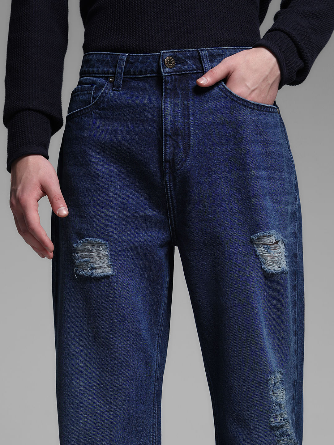 Dark Blue Distressed Dario Loose Fit Jeans