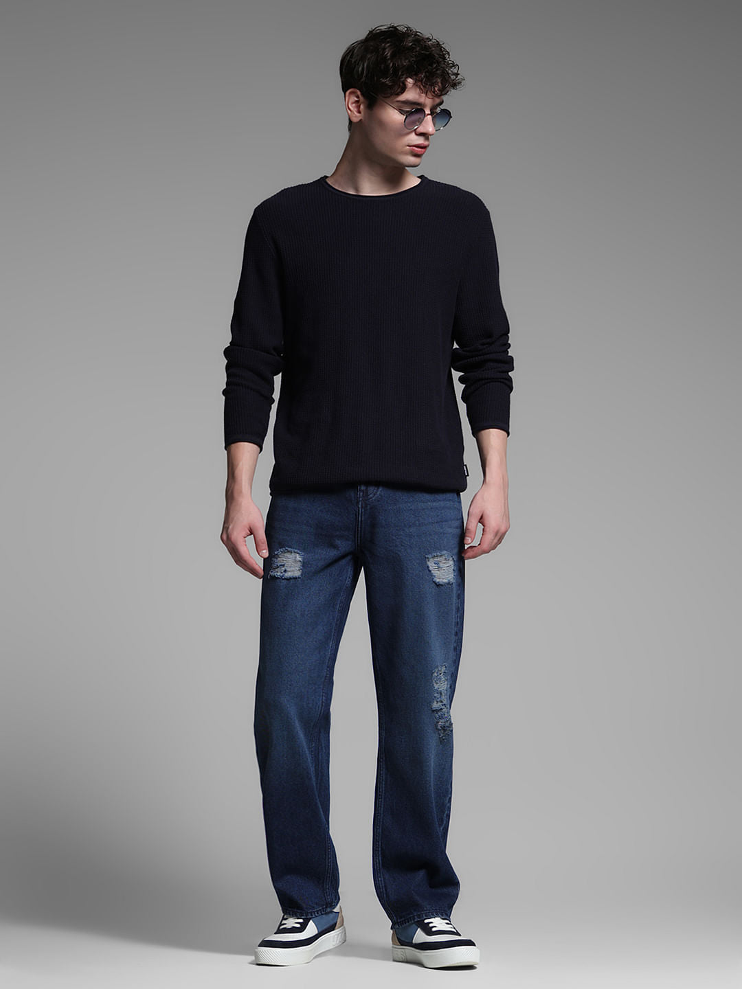 Dark Blue Distressed Dario Loose Fit Jeans