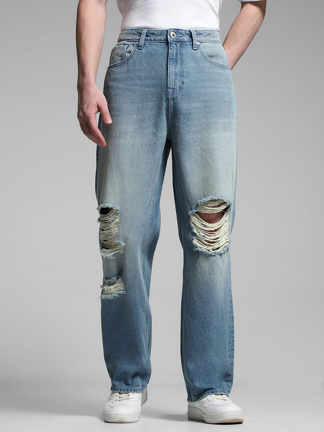 Light Blue Distressed Dario Loose Fit Jeans - Main Image
