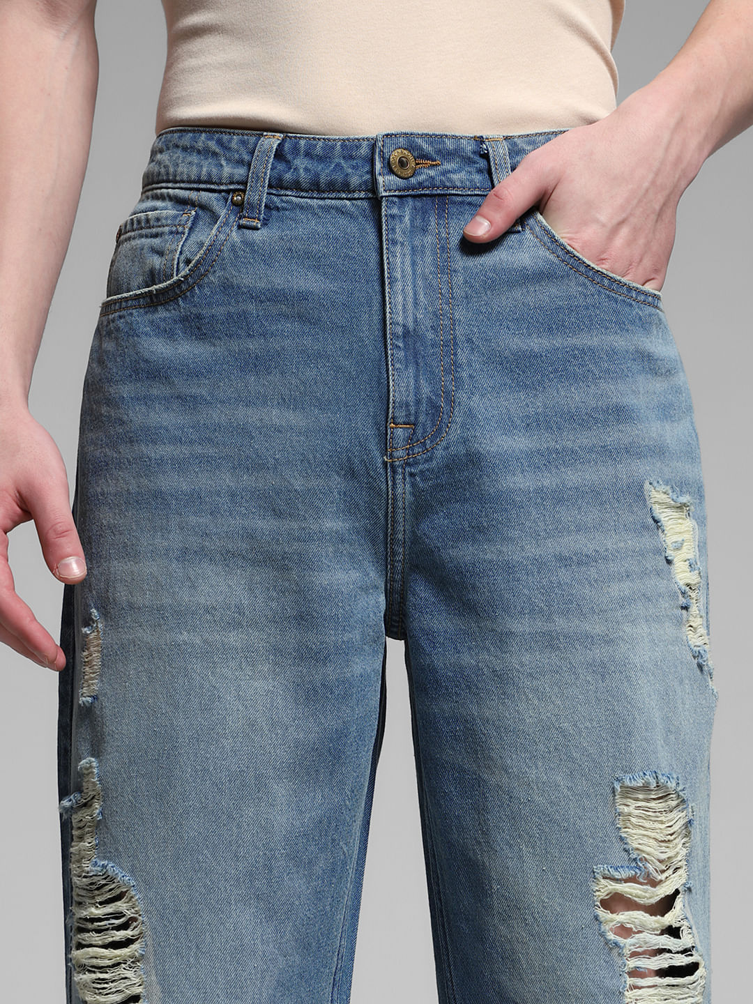 Blue Heavily Distressed Dario Loose Fit Jeans