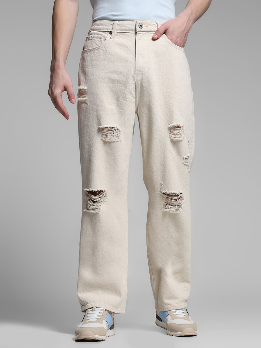Beige Distressed Dario Loose Fit Jeans