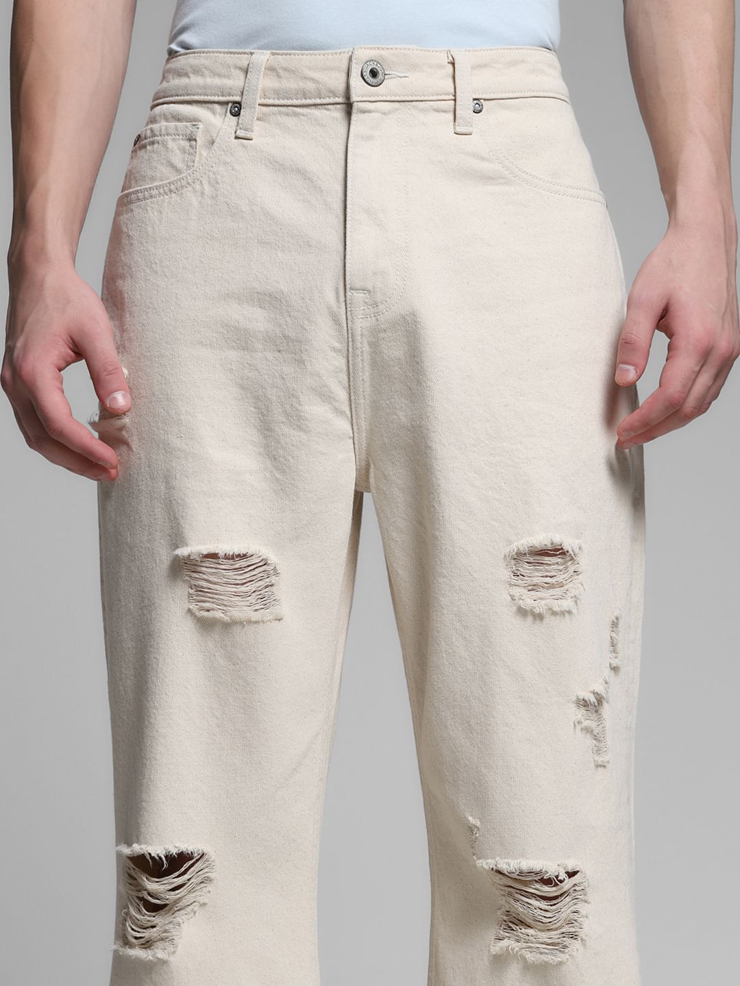 Beige Distressed Dario Loose Fit Jeans