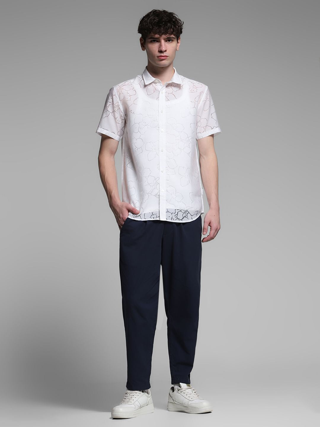 White Sheer Floral Short Sleeves Shirt