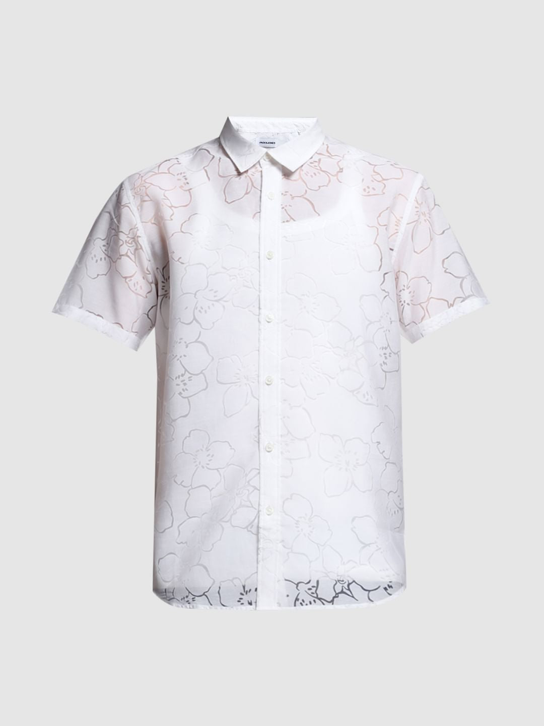 White Sheer Floral Short Sleeves Shirt