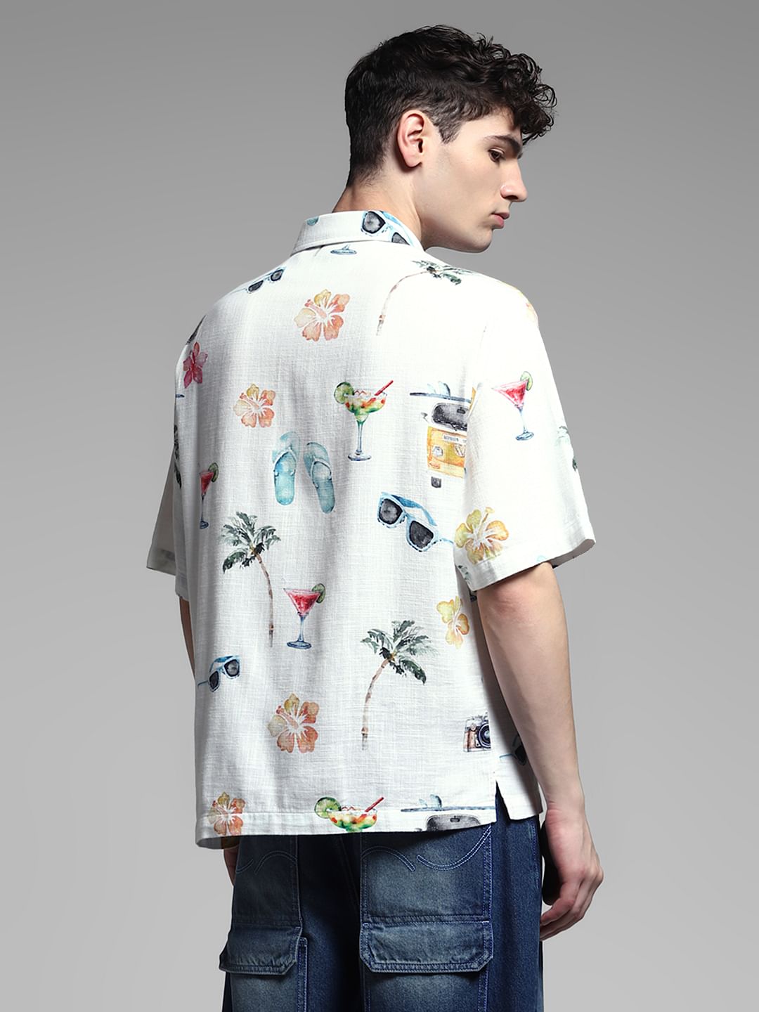 White Printed Cotton Short Sleeves Shirt