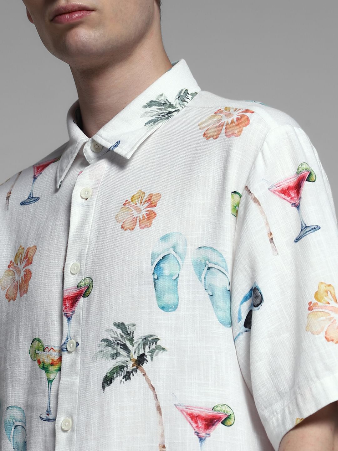 White Printed Cotton Short Sleeves Shirt