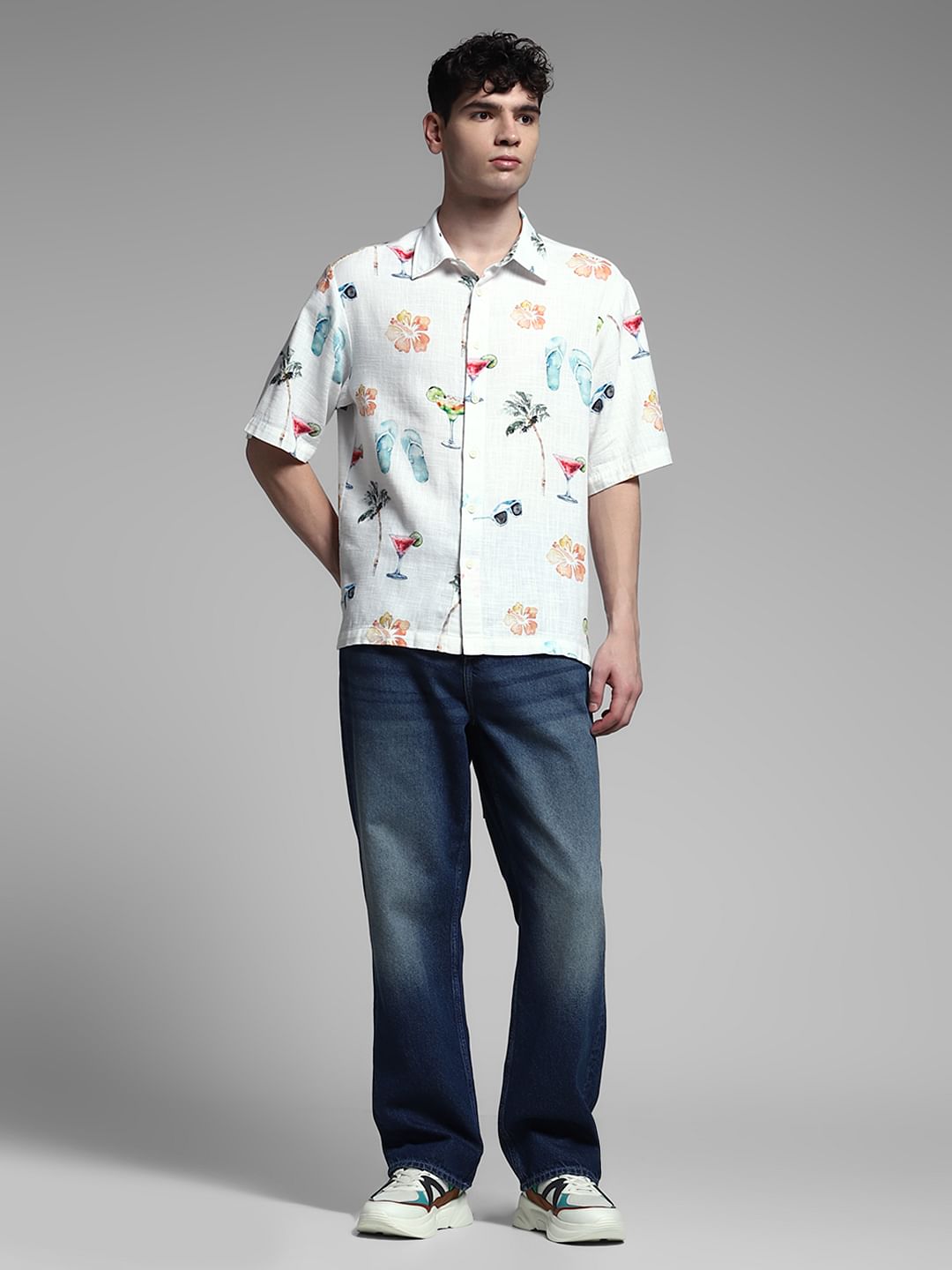 White Printed Cotton Short Sleeves Shirt