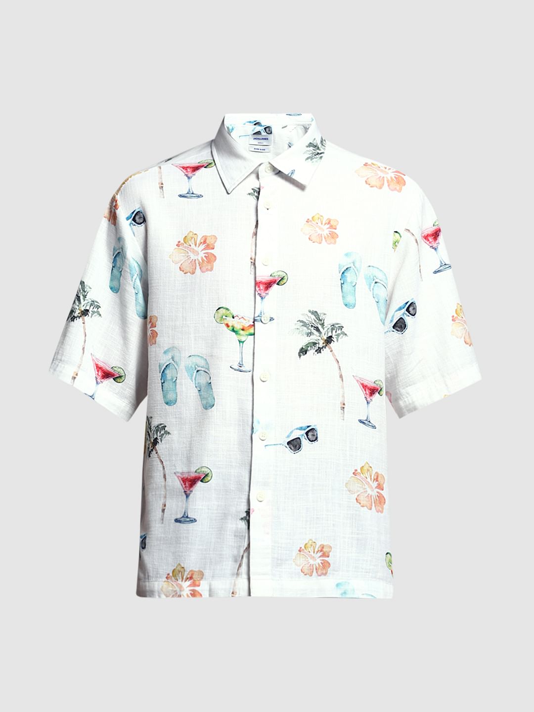 White Printed Cotton Short Sleeves Shirt
