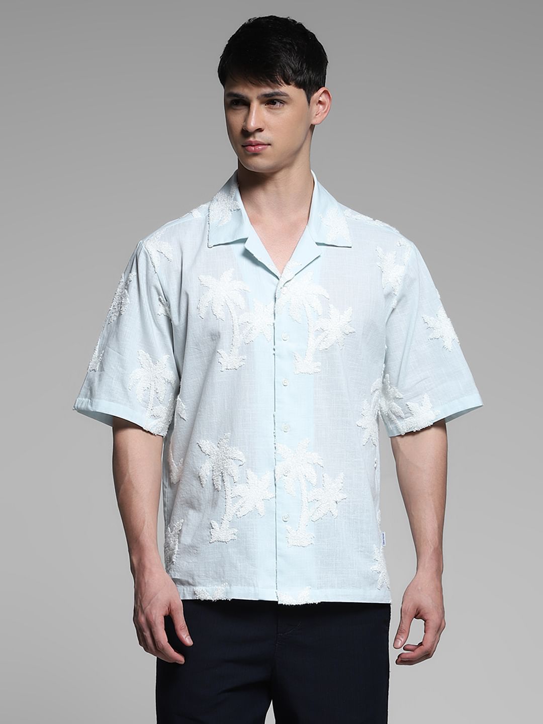 Blue Embroidered Floral Oversized Shirt