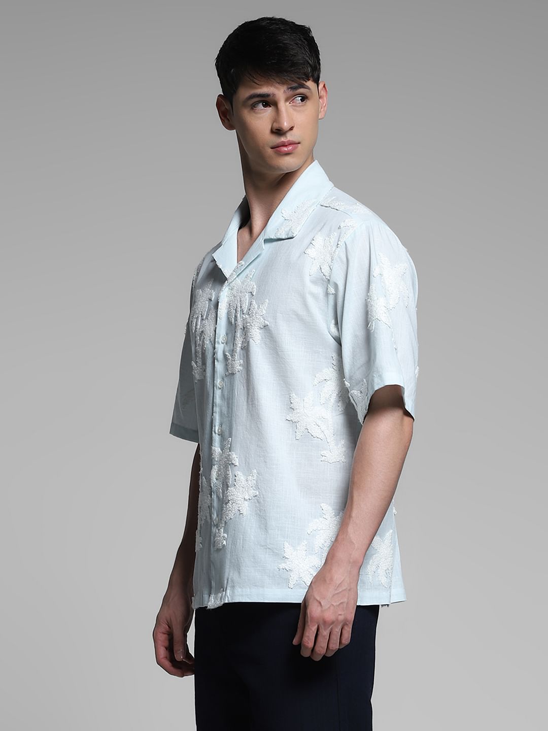 Blue Embroidered Floral Oversized Shirt