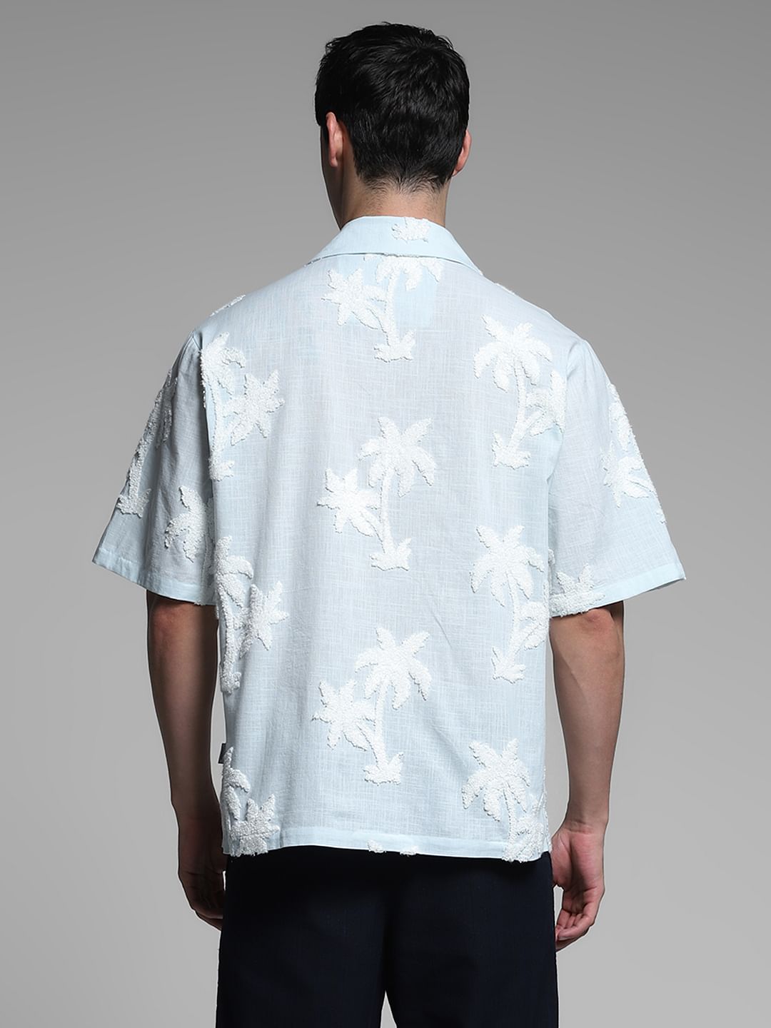 Blue Embroidered Floral Oversized Shirt