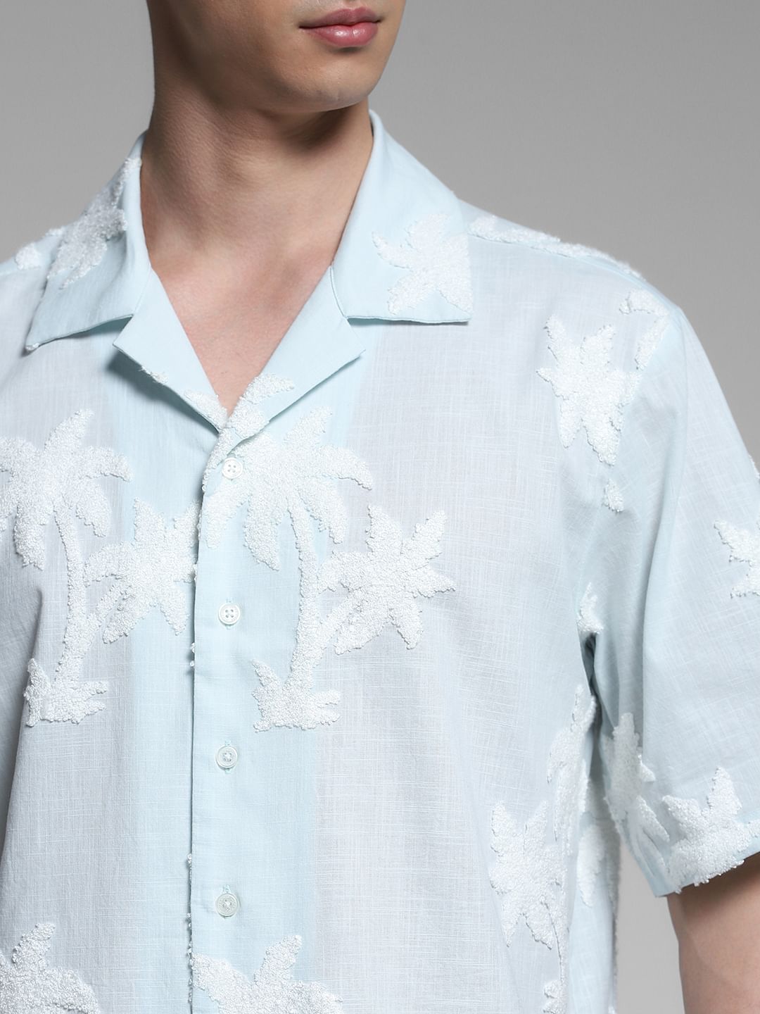 Blue Embroidered Floral Oversized Shirt