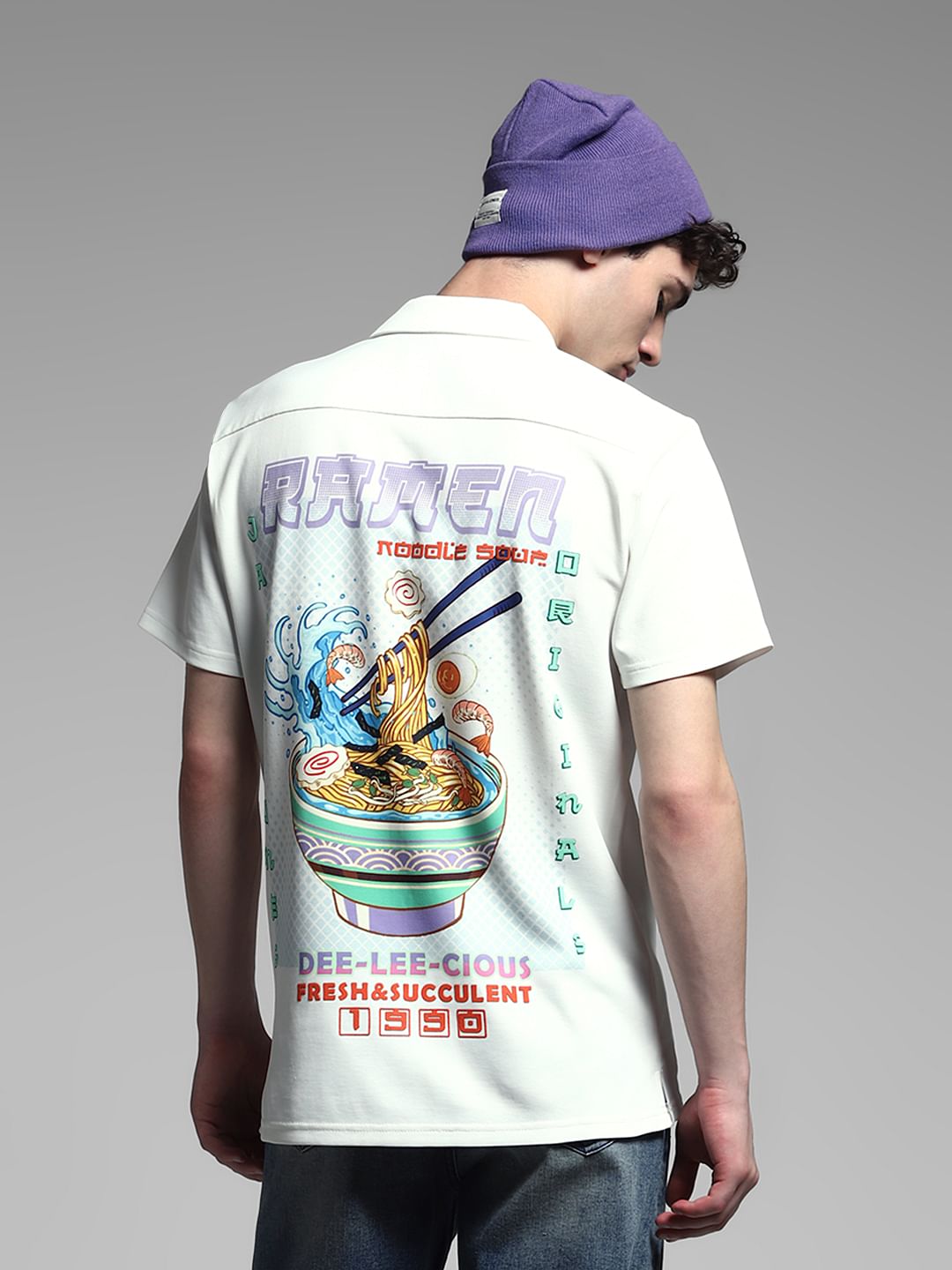 White Ramen Print Knitted Shirt