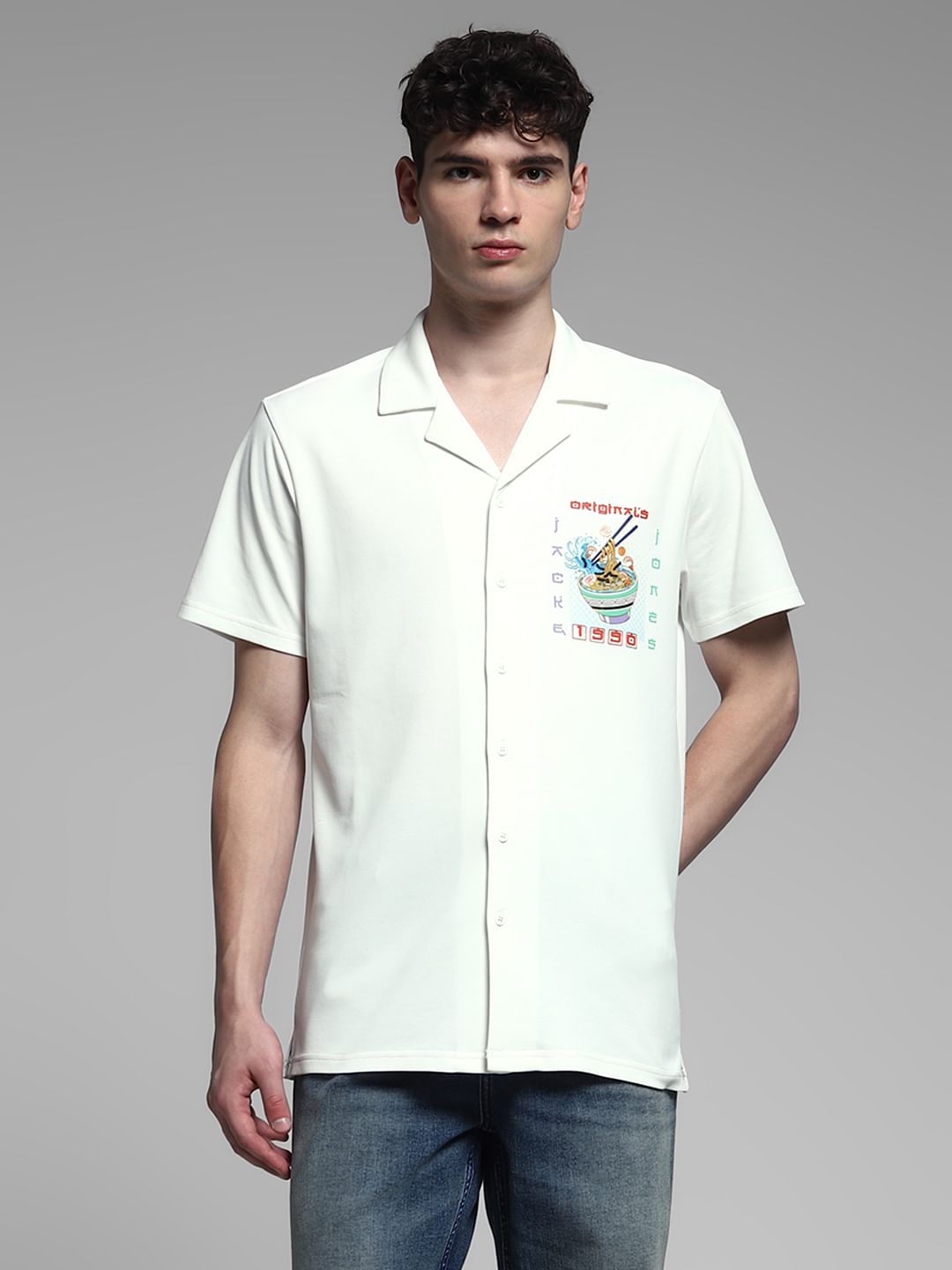 White Ramen Print Knitted Shirt