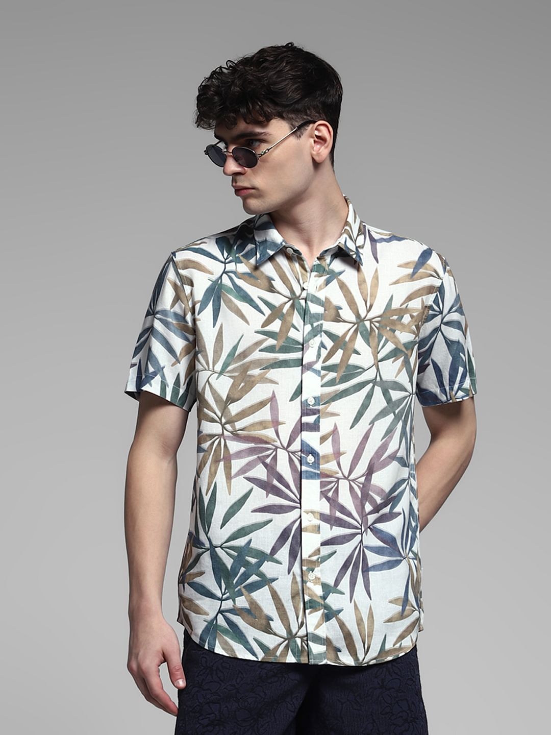 White Tropical Print Resort Collar Shirt