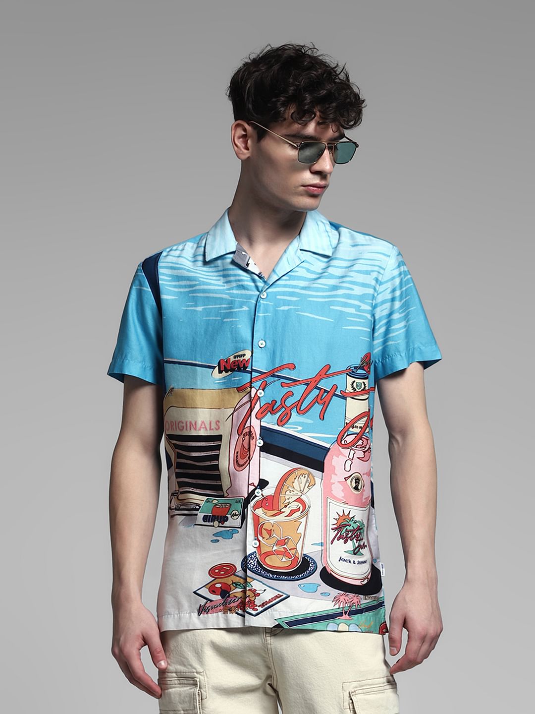 Blue Printed Cuban Collar Shirt