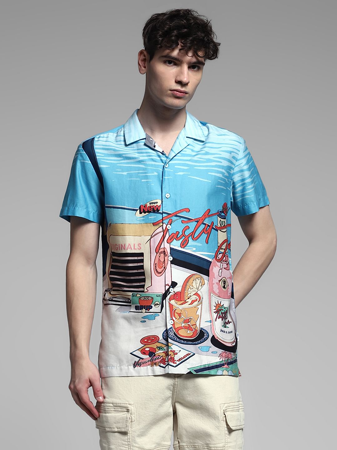 Blue Printed Cuban Collar Shirt