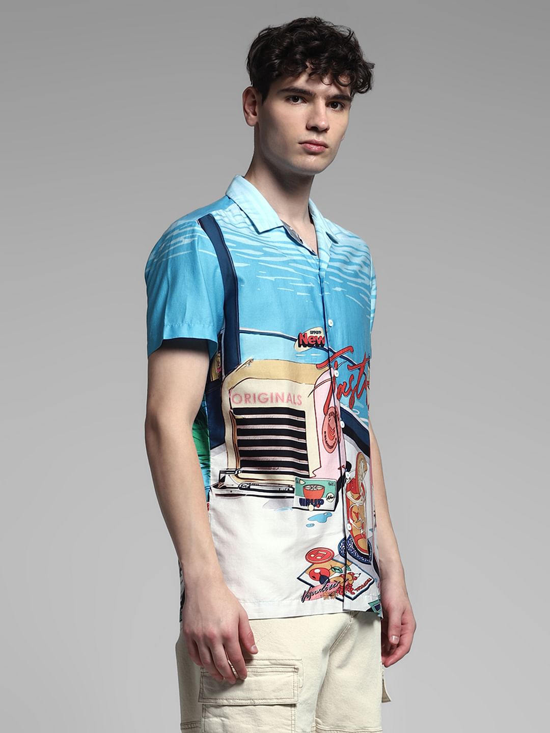 Blue Printed Cuban Collar Shirt