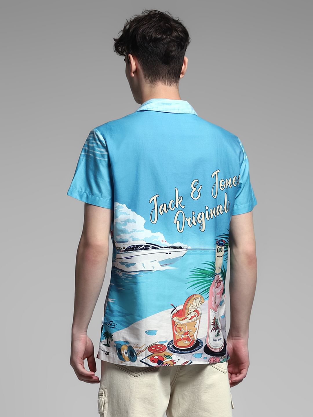 Blue Printed Cuban Collar Shirt